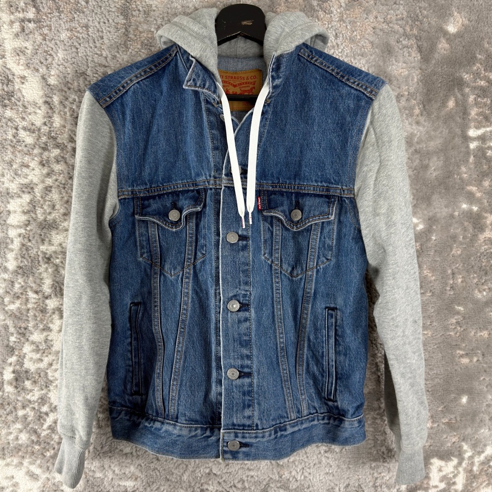 Levi's Sz XS Hybrid Hooded Denim Trucker Jean Jacket Blue Gray Long Sleeve Women